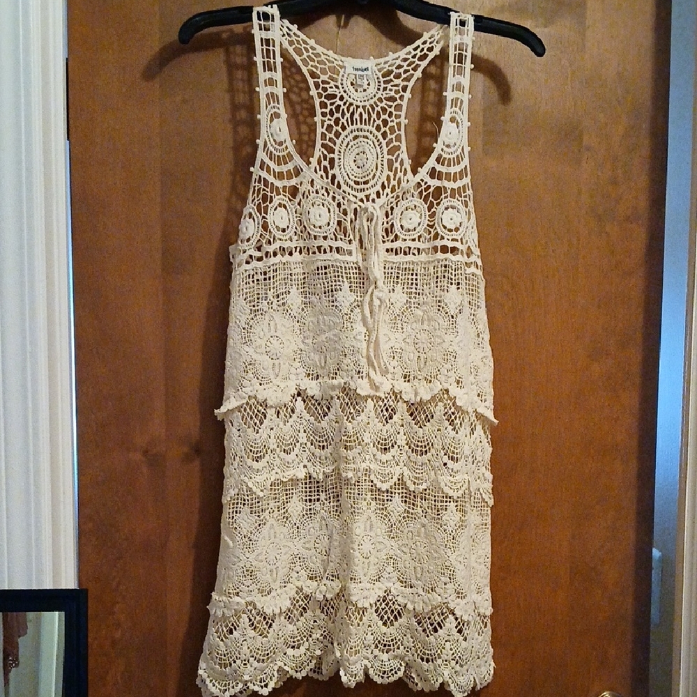 TeenBell Cream Crochet Lace Racerback Swim Cover Dress